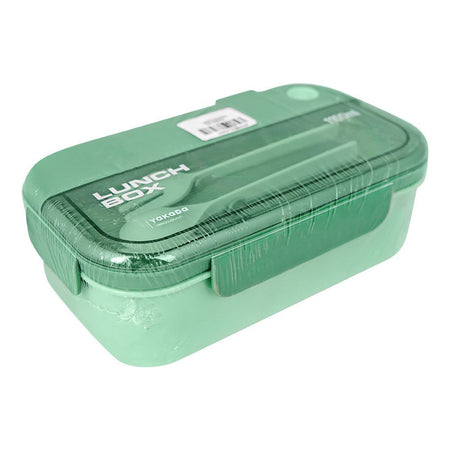 Plastic Lunch Box, 2 Compartments & Cutlery, 1100ml, Green, 6.5in (H) x 3.3in (W) x 2in (D), Yk0335 - Main Image