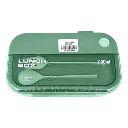 Plastic Lunch Box, 2 Compartments & Cutlery, 1100ml, Green, 6.5in (H) x 3.3in (W) x 2in (D), Yk0335 - Image 2