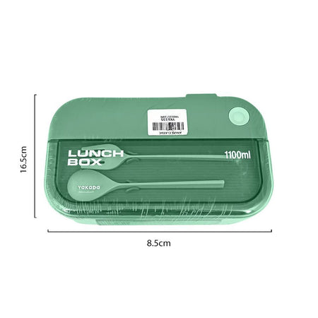 Plastic Lunch Box, 2 Compartments & Cutlery, 1100ml, Green, 6.5in (H) x 3.3in (W) x 2in (D), Yk0335 - Image 3