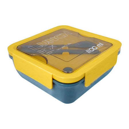 Plastic Lunch Box, 2 Compartments & Cutlery, 1100ml, Yellow, 6.5in (H) x 4.3in (W) x 2.2in (D), Yk-0228 - Main Image