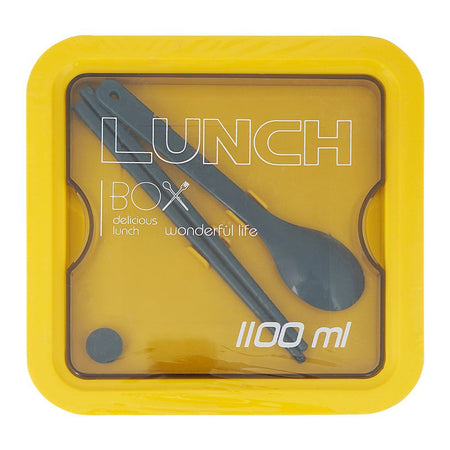 Plastic Lunch Box, 2 Compartments & Cutlery, 1100ml, Yellow, 6.5in (H) x 4.3in (W) x 2.2in (D), Yk-0228 - Image 2