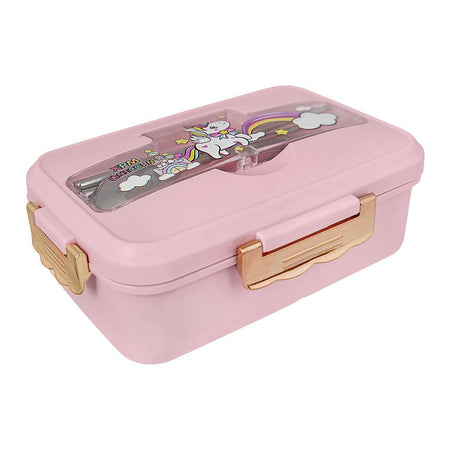 Plastic Lunch Box, 3 Compartments & Cutlery, Pink, 6.3in (H) x 3.7in (W) x 2in (D), K-181 - Main Image