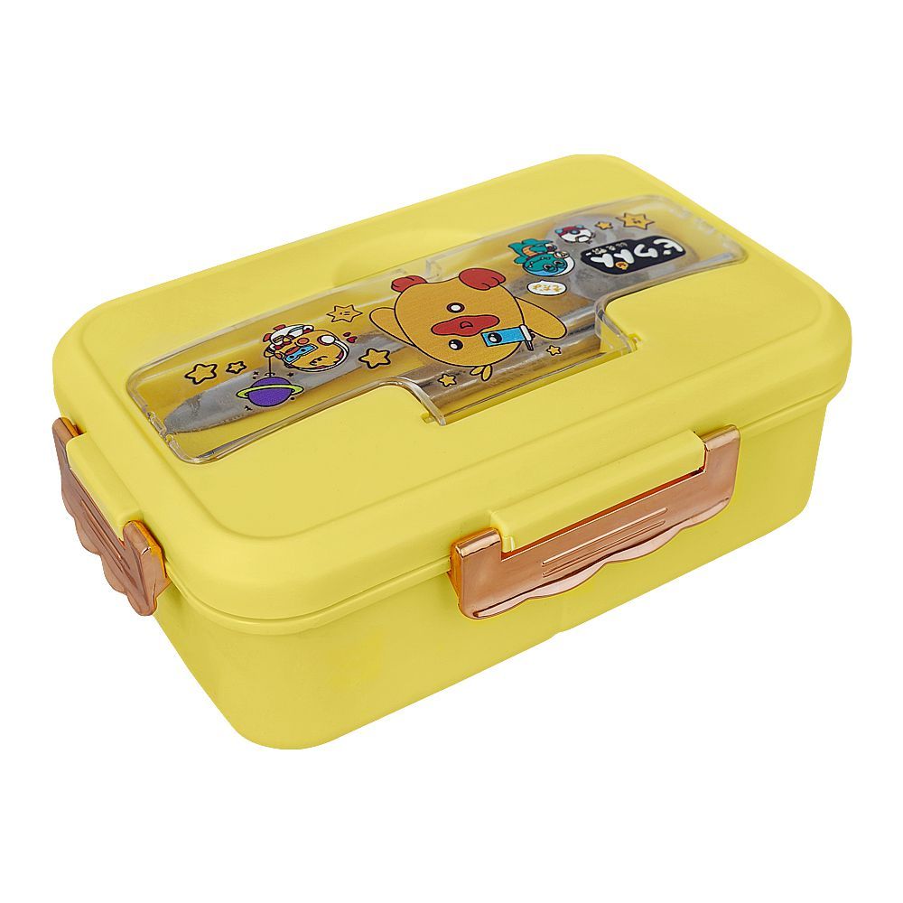 Plastic Lunch Box, 3 Compartments & Cutlery, Yellow, 6.5in (H) x 3.5in (W) x 2.2in (D), K-181 - Main Image