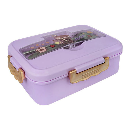 Plastic Lunch Box, 3 Compartments & Cutlery, Purple, 6.3in (H) x 3.5in (W) x 2.2in (D), K-181 - Main Image
