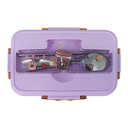 Plastic Lunch Box, 3 Compartments & Cutlery, Purple, 6.3in (H) x 3.5in (W) x 2.2in (D), K-181 - Image 2