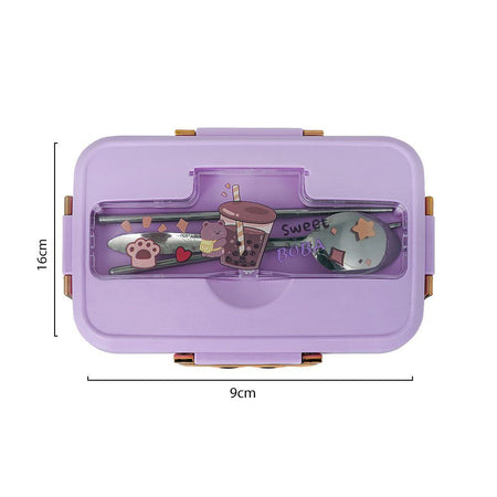 Plastic Lunch Box, 3 Compartments & Cutlery, Purple, 6.3in (H) x 3.5in (W) x 2.2in (D), K-181 - Image 3
