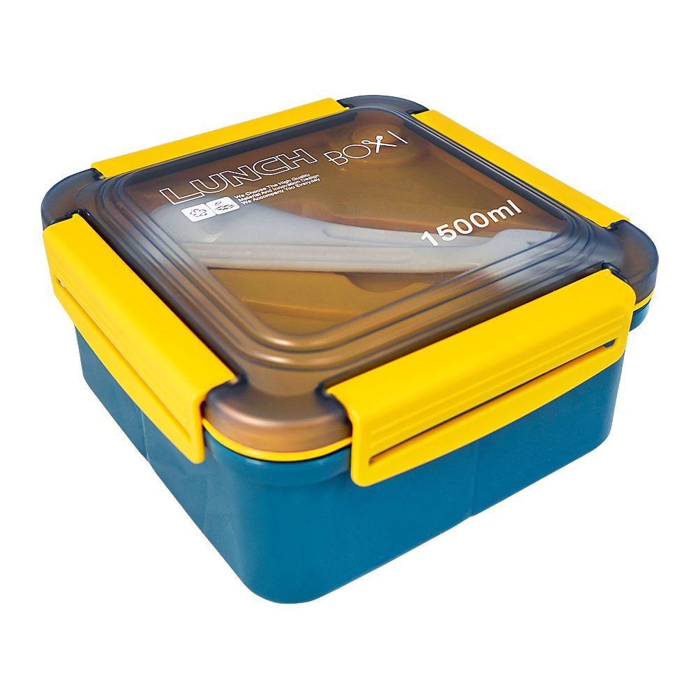 Plastic Lunch Box, 3 Compartments & Cutlery, 1500ml, Blue & Yellow, 5.9in (H) x 5.1in (W) x 3in (D), 287539 - Main Image