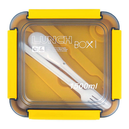 Plastic Lunch Box, 3 Compartments & Cutlery, 1500ml, Blue & Yellow, 5.9in (H) x 5.1in (W) x 3in (D), 287539 - Image 2