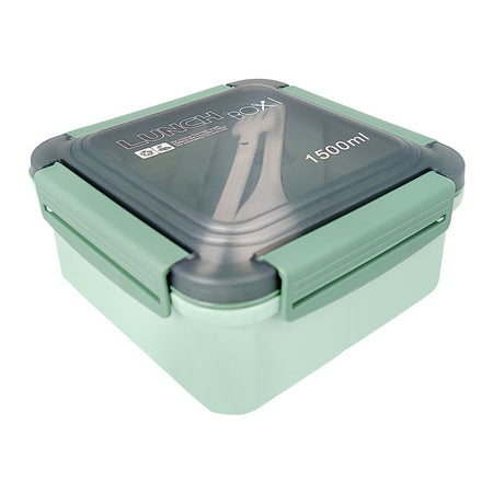 Plastic Lunch Box, 3 Compartments & Cutlery, 1500ml, Sea Green, 5.6in (H) x 5.5in (W) x 3in (D), 287539 - Main Image