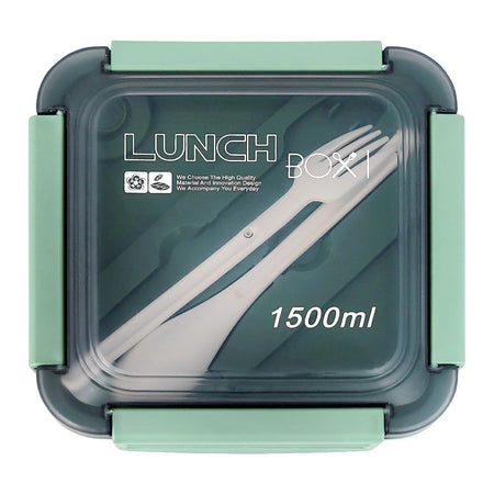 Plastic Lunch Box, 3 Compartments & Cutlery, 1500ml, Sea Green, 5.6in (H) x 5.5in (W) x 3in (D), 287539 - Image 2