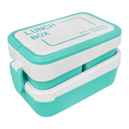 Plastic Lunch Box With 3 Rooms On 2 Levels With Own Handle, 1500ml, Sea Green, 6.1in (H) x 3.5in (W) x 2in (D), K-812 - Main Image