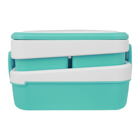 Plastic Lunch Box With 3 Rooms On 2 Levels With Own Handle, 1500ml, Sea Green, 6.1in (H) x 3.5in (W) x 2in (D), K-812 - Image 2