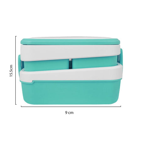 Plastic Lunch Box With 3 Rooms On 2 Levels With Own Handle, 1500ml, Sea Green, 6.1in (H) x 3.5in (W) x 2in (D), K-812 - Image 3