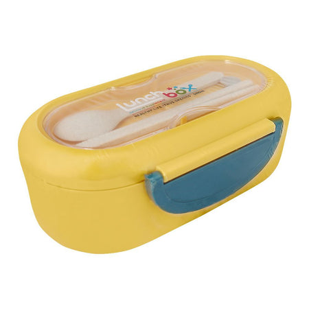 Plastic Lunch Box, 2 Compartments & Cutlery, 1000ml, Yellow, 5.9in (H) x 3in (W) x 2.2in (D), Kh-002 - Main Image