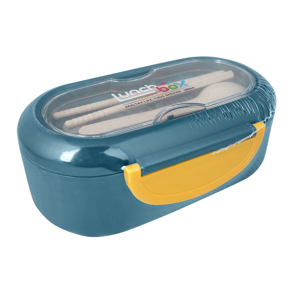 Plastic Lunch Box, 2 Compartments & Cutlery, 1000ml, Blue, 6.1in (H) x 3in (W) x 2.2in (D), Kh-002 - Main Image