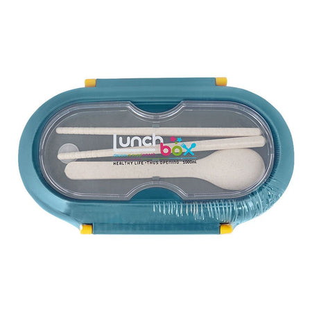 Plastic Lunch Box, 2 Compartments & Cutlery, 1000ml, Blue, 6.1in (H) x 3in (W) x 2.2in (D), Kh-002 - Image 2