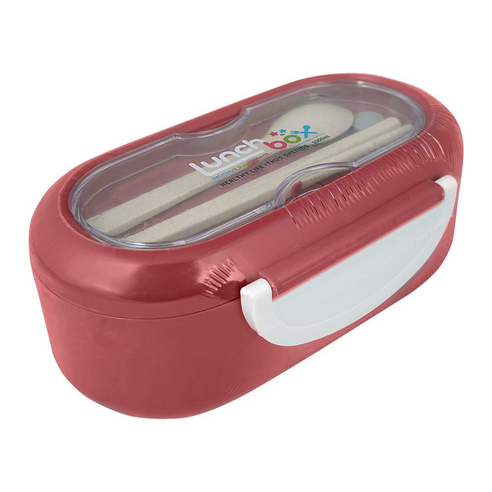 Plastic Lunch Box, 2 Compartments & Cutlery, 1000ml, Red, 5.7in (H) x 3in (W) x 2.2in (D), Kh-002 - Main Image