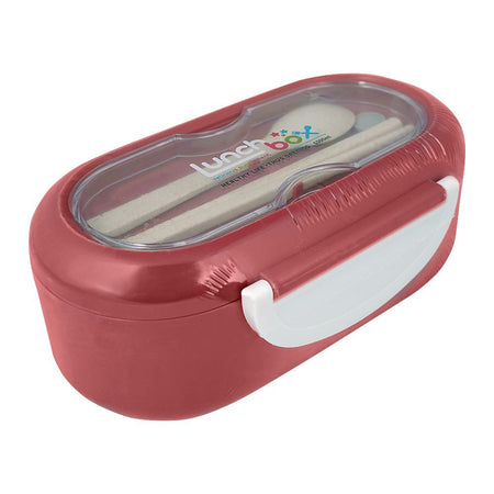 Plastic Lunch Box, 2 Compartments & Cutlery, 1000ml, Red, 5.7in (H) x 3in (W) x 2.2in (D), Kh-002 - Main Image