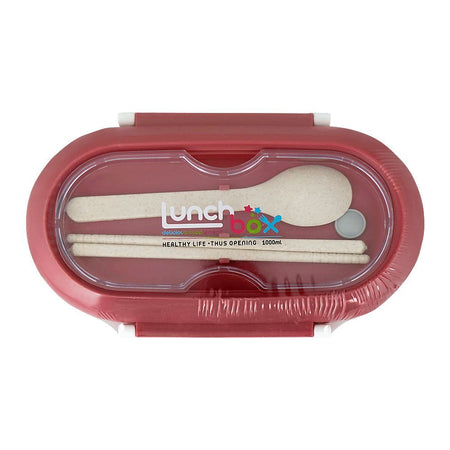 Plastic Lunch Box, 2 Compartments & Cutlery, 1000ml, Red, 5.7in (H) x 3in (W) x 2.2in (D), Kh-002 - Image 2