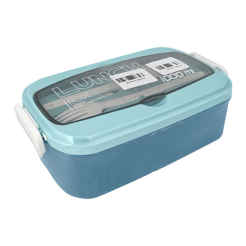 Plastic Lunch Box, 2 Compartments & Cutlery, 1000ml, Sky Blue, 6.1in (H) x 3.5in (W) x 2.4in (D), Yc9039 - Main Image
