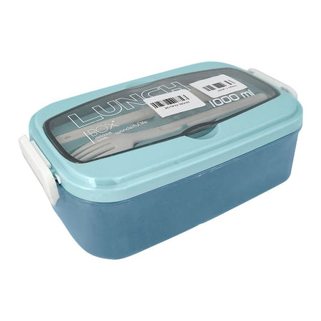 Plastic Lunch Box, 2 Compartments & Cutlery, 1000ml, Sky Blue, 6.1in (H) x 3.5in (W) x 2.4in (D), Yc9039 - Main Image