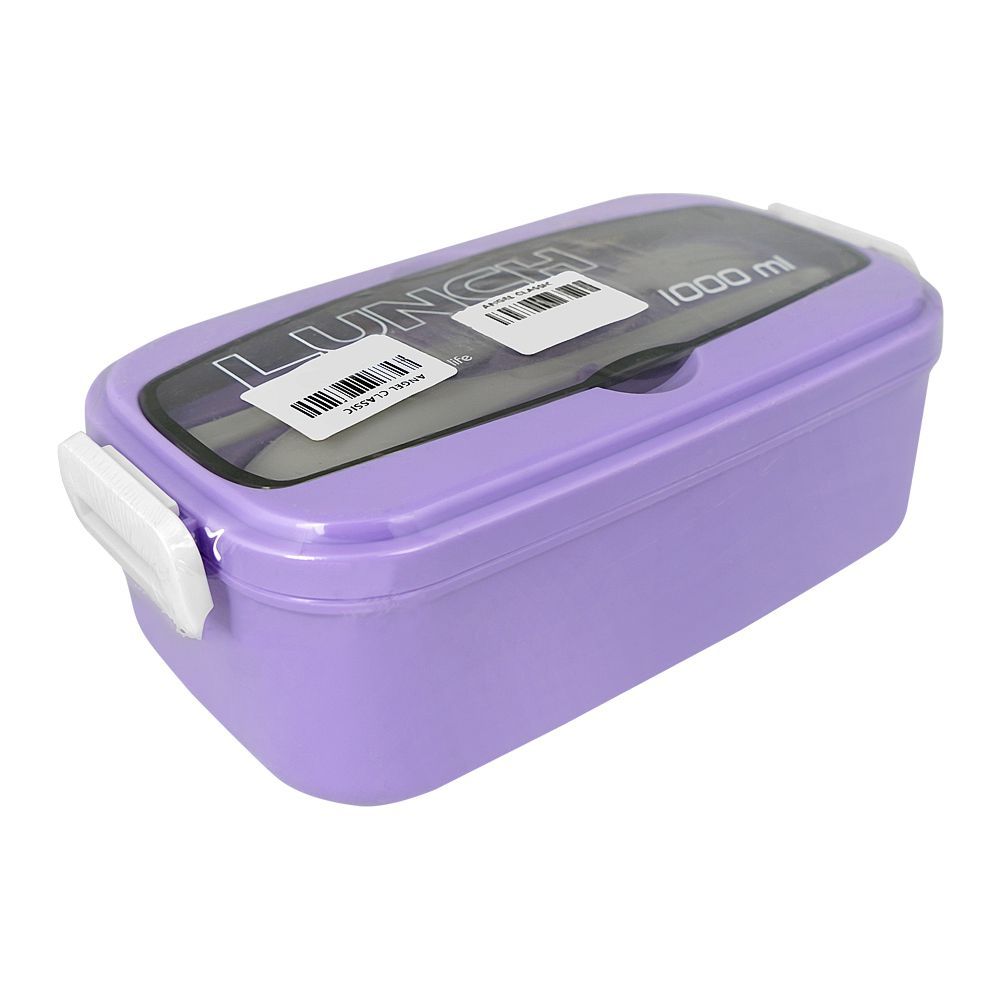Plastic Lunch Box, 2 Compartments & Cutlery, 1000ml, Purple, 5.9in (H) x 3in (W) x 2.2in (D), Yc9039 - Main Image