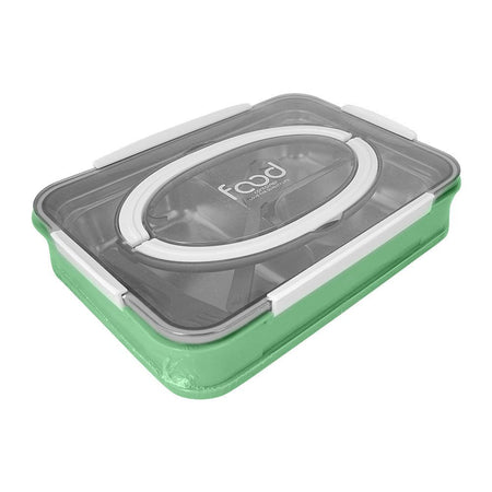Stainless Steel Lunch Box, 3 Compartments & Cutlery, Green, 9.1in (H) x 6.3in (W) x 2in (D), 2523C - Main Image
