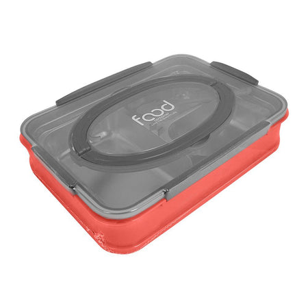 Stainless Steel Lunch Box, 3 Compartments & Cutlery, Red, 9.3in (H) x 6.5in (W) x 1.8in (D), 2523C - Main Image