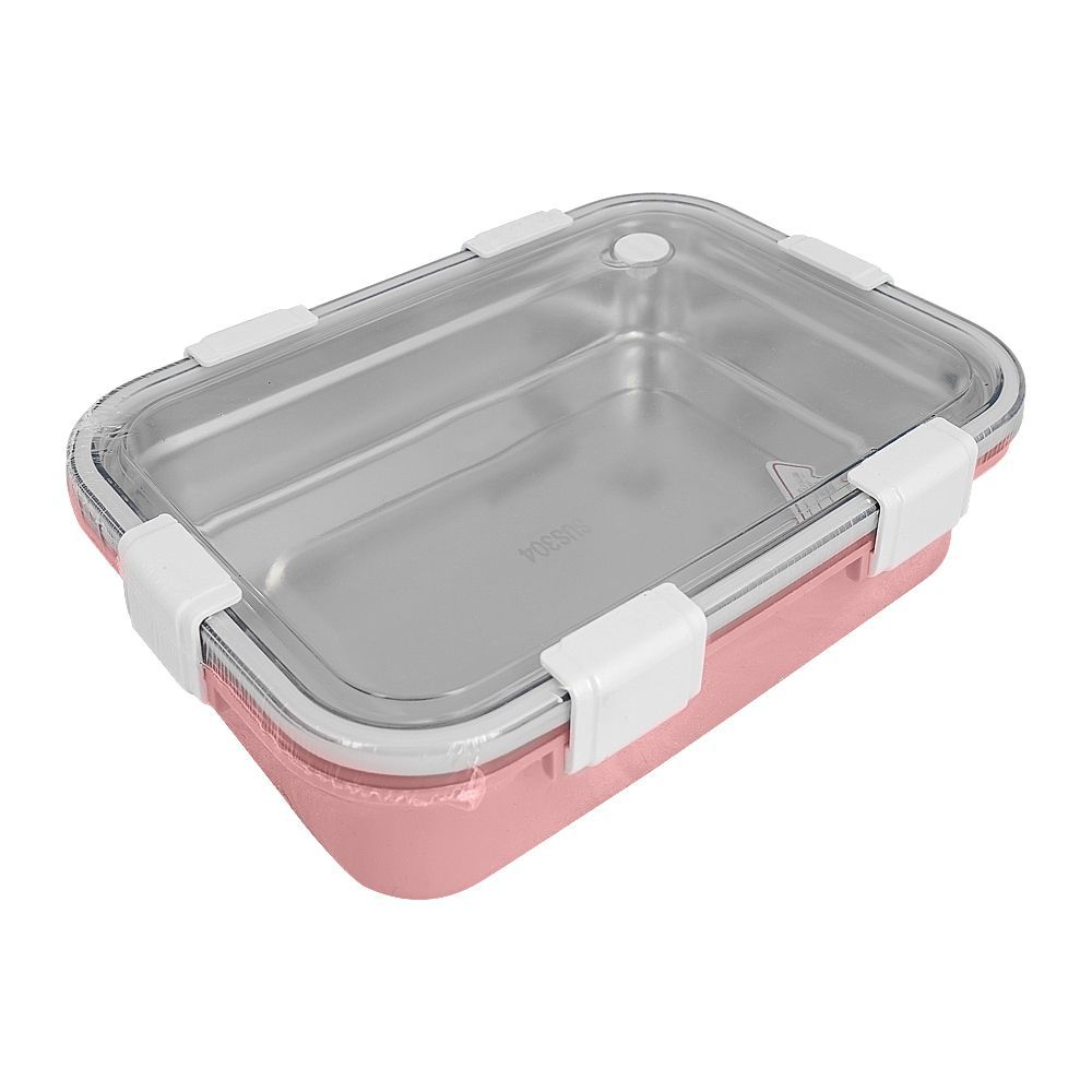 Stainless Steel Lunch Box, 3 Compartments, 850ml, Pink, 6.5in (H) x 4.3in (W) x 2in (D), 70691 - Main Image