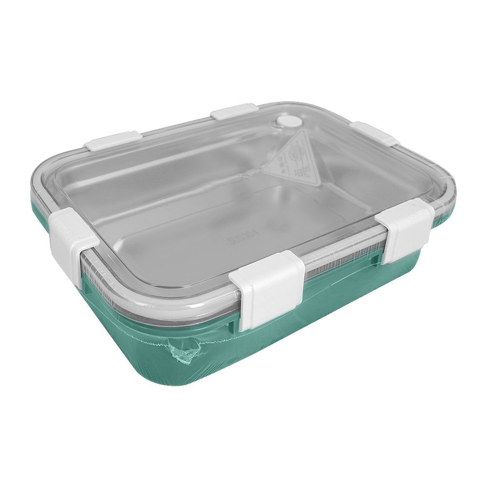 Stainless Steel Lunch Box, 3 Compartments, 850ml, Green, 8.7in (H) x 6.4in (W) x 2.6in (D), 70691 - Main Image