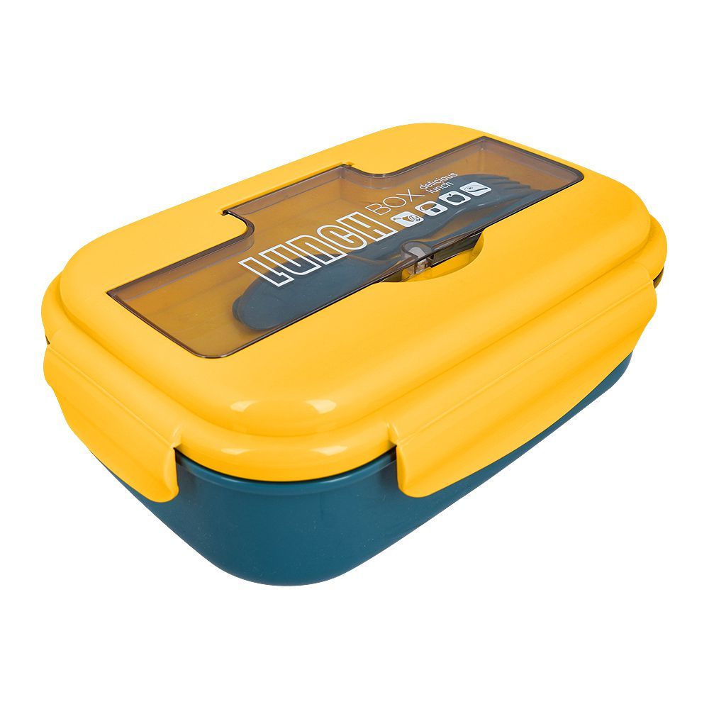 Plastic Lunch Box, 2 Compartments & Cutlery, 1100ml, Yellow & Blue, 6.1in (H) x 3.3in (W) x 2.2in (D), Yk-0225 - Main Image