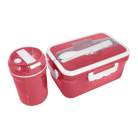 Plastic Lunch Box, 3 Compartments & Cutlery & 330ml Soup Cup, 1500ml, Red, 6.1in (H) x 4.1in (W) x 2.6in (D), Zb-6325 - Main Image