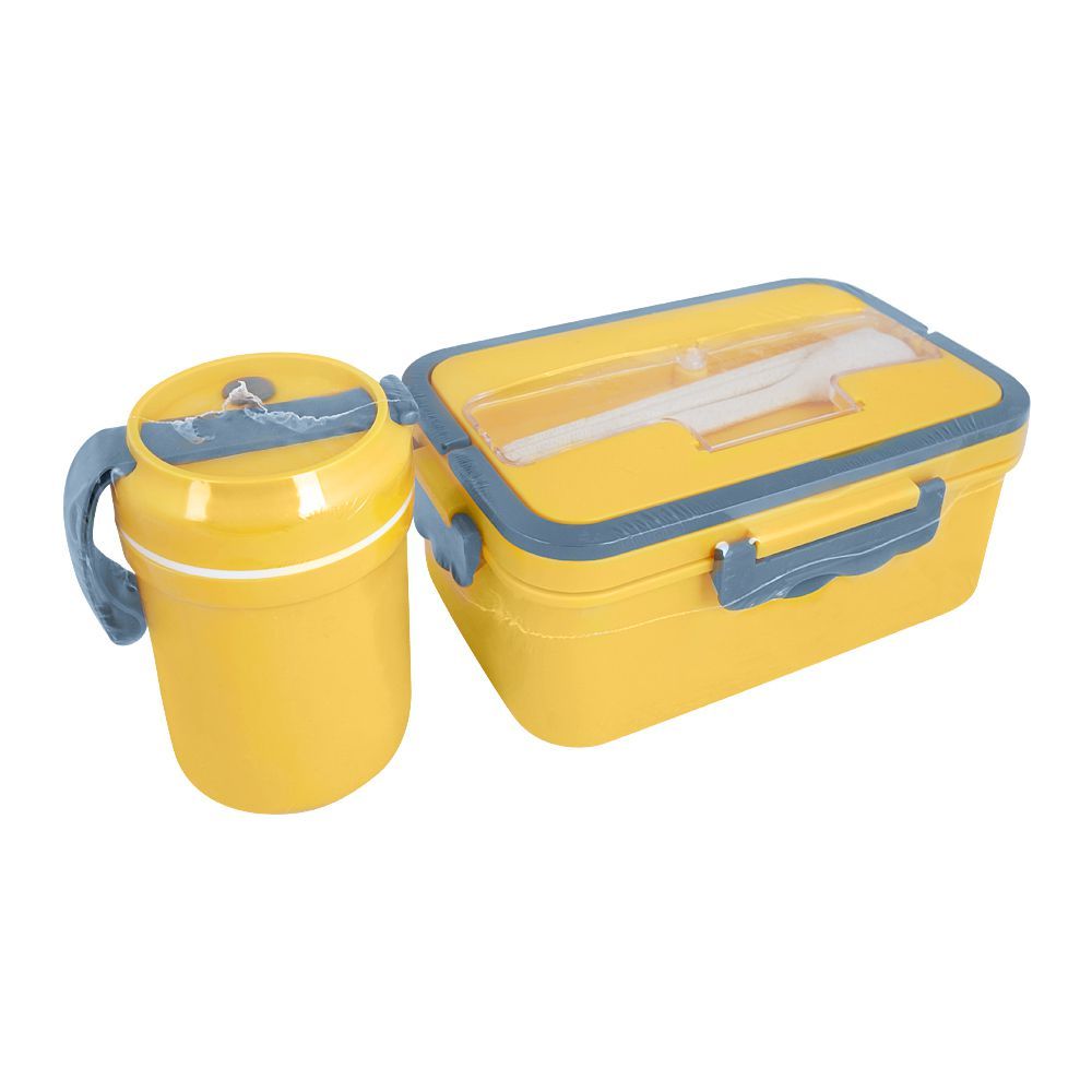 Plastic Lunch Box, 3 Compartments & Cutlery & 330ml Soup Cup, 1500ml, Yellow, 6.9in (H) x 4.1in (W) x 2.8in (D), Zb-6325 - Main Image