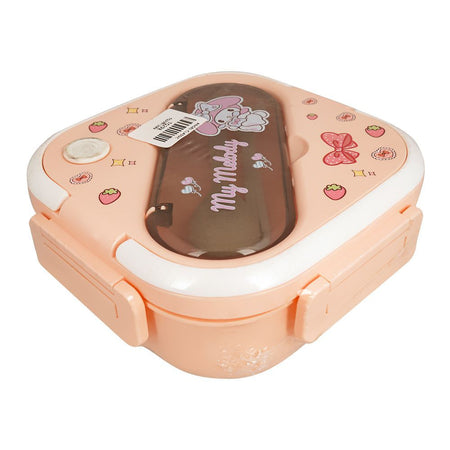 Plastic Lunch Box, 3 Compartments, Own Handle & Cutlery, 1300ml, Pink, 4.9in (H) x 4.1in (W) x 2.2in (D), Tq298 - Main Image