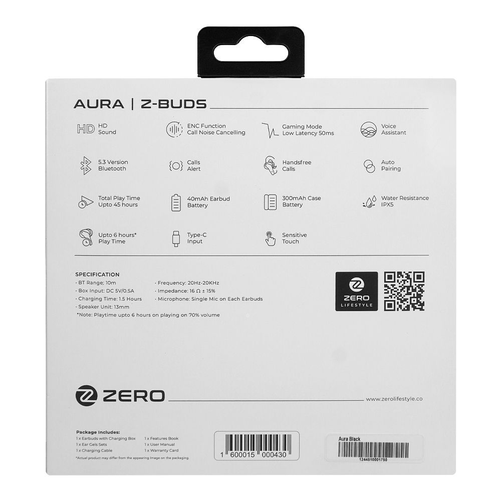 Zero Aura Z ENC Wireless Earbuds, Upto 45 Hours Play Time, 300mAh Box Battery, 40mAh Earbuds Battery, Black - Image 3