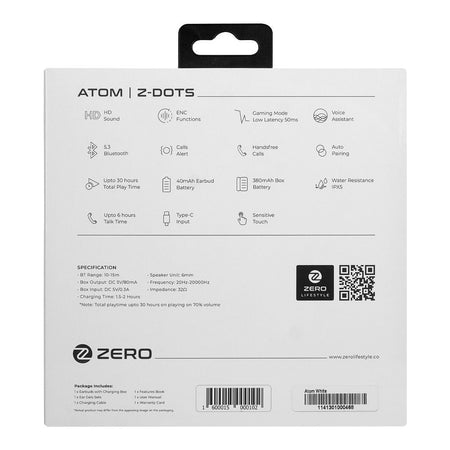 Zero Atom Z Dots ENC Wireless Earbuds, Upto 30 Hours Play Time, 380mAh Box Battery, 40mAh Earbuds Battery, Snow White - Image 5