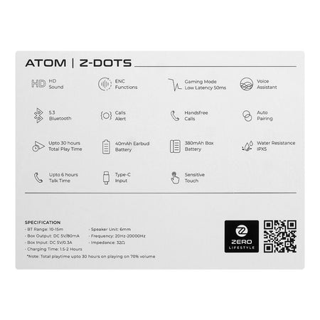 Zero Atom Z Dots ENC Wireless Earbuds, Upto 30 Hours Play Time, 380mAh Box Battery, 40mAh Earbuds Battery, Snow White - Image 6