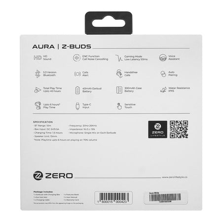 Zero Aura Z ENC Wireless Earbuds, Upto 45 Hours Play Time, 300mAh Box Battery, 40mAh Earbuds Battery, White - Image 3