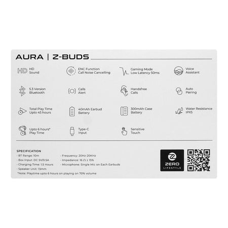Zero Aura Z ENC Wireless Earbuds, Upto 45 Hours Play Time, 300mAh Box Battery, 40mAh Earbuds Battery, White - Image 4