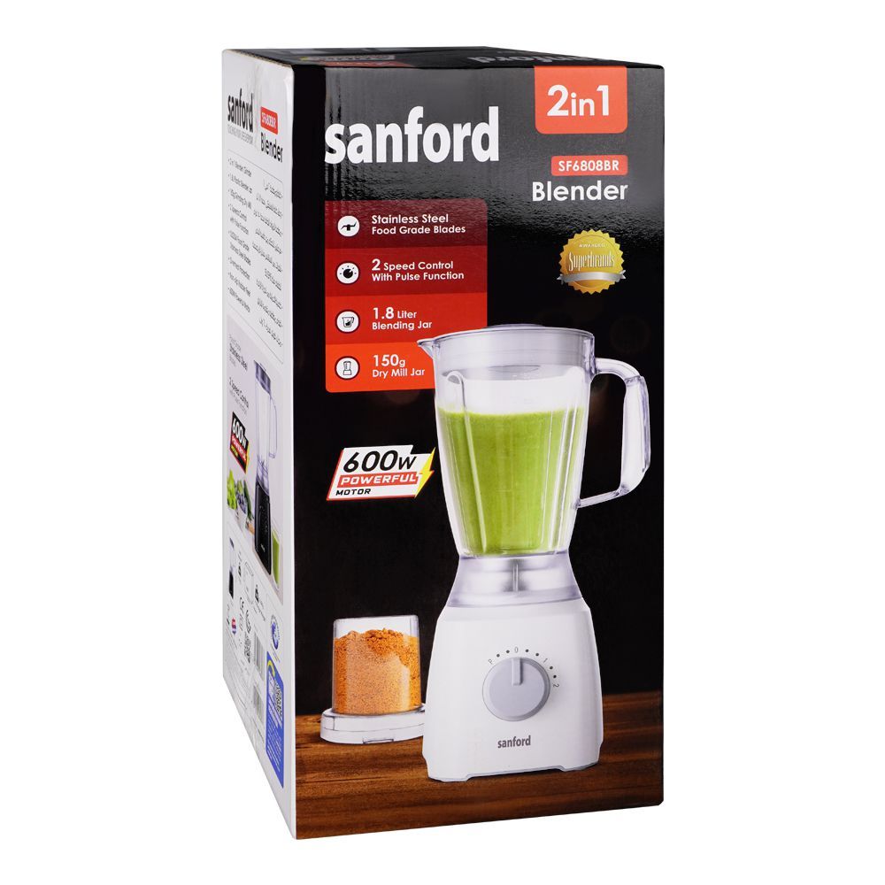 Sanford 2in1 Blender, 600W, 1.8 Liter Jar & 150g Dry Milk Jar, Stainless Steel Blade, 2 Speed, SF-6808BR - Main Image