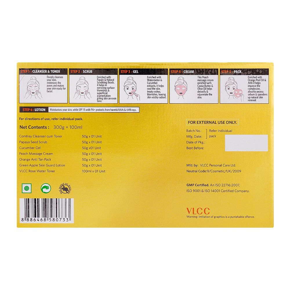 VLCC Salon Series Fruit Facial Facial Kit, Cleanser & Toner+Scrub+Gel+Cream+Pack+Moisturiser, 6-Pack, 300g+100ml - Image 2