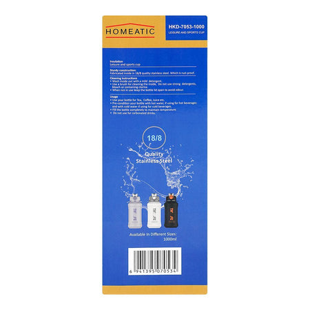 Homeatic Stainless Steel Water Bottle, 1000ml, Black, HKD-7053 - Image 6
