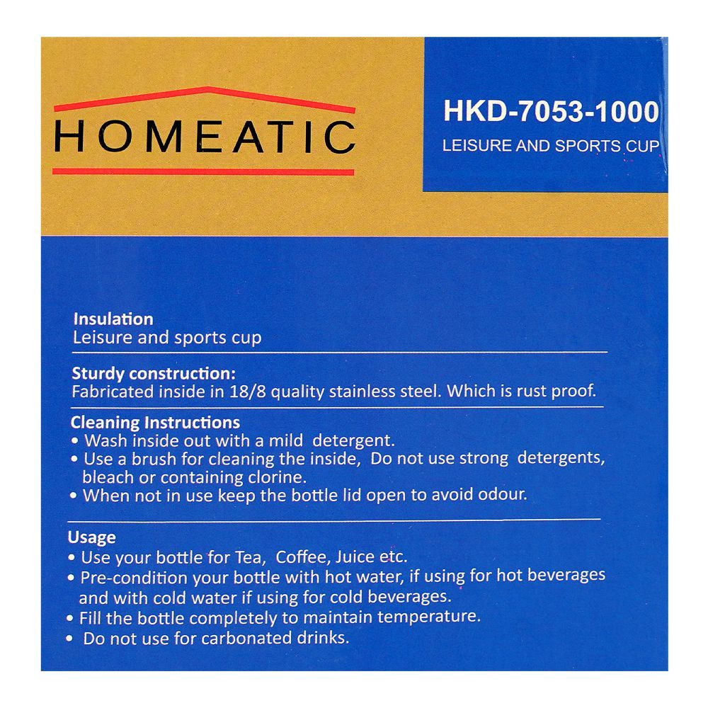 Homeatic Stainless Steel Water Bottle, 1000ml, White, HKD-7053 - Image 5
