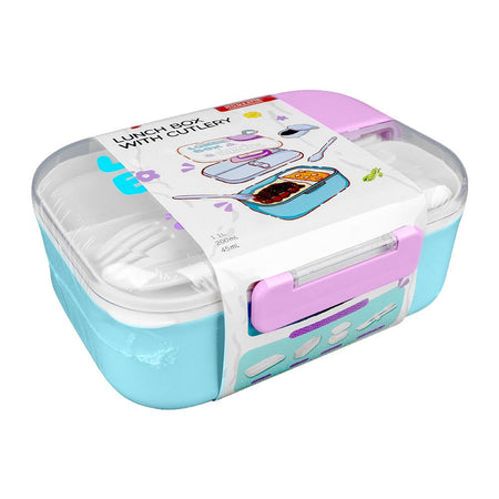 Homeatic Plastic Lunch Box With Cutlery, 1100ml/200ml Capacity, 2.4in (H) x 5.1in (W) x 3.7in (D), Blue, HMT-011 - Main Image