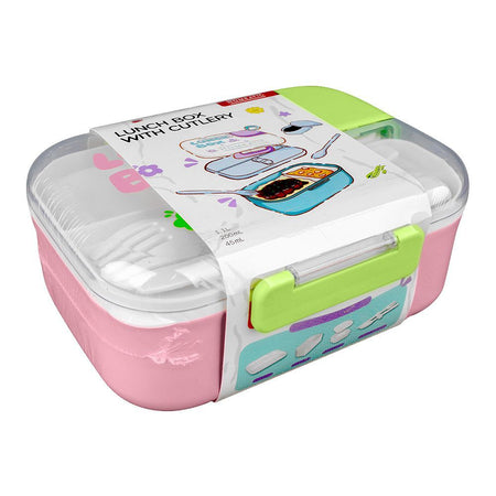 Homeatic Plastic Lunch Box With Cutlery, 1100ml/200ml Capacity, 2.4in (H) x 5.1in (W) x 3.7in (D), Pink, HMT-011 - Main Image