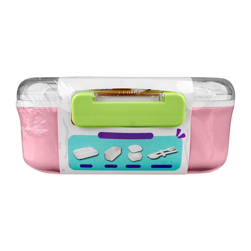 Homeatic Plastic Lunch Box With Cutlery, 1100ml/200ml Capacity, 2.4in (H) x 5.1in (W) x 3.7in (D), Pink, HMT-011 - Image 3
