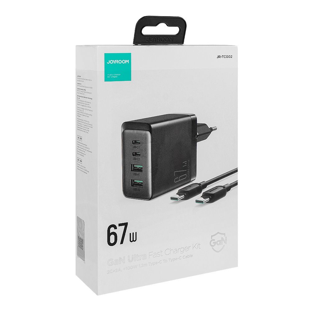 Joyroom 67W Gan Ultra Fast Charger Kit, 2C+2A, +100W, 1.2m Type-C To Type-C Cable, Black JR-TCG02 - Image 2