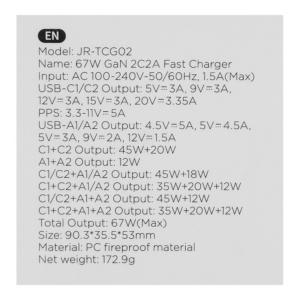 Joyroom 67W Gan Ultra Fast Charger Kit, 2C+2A, +100W, 1.2m Type-C To Type-C Cable, Black JR-TCG02 - Image 6