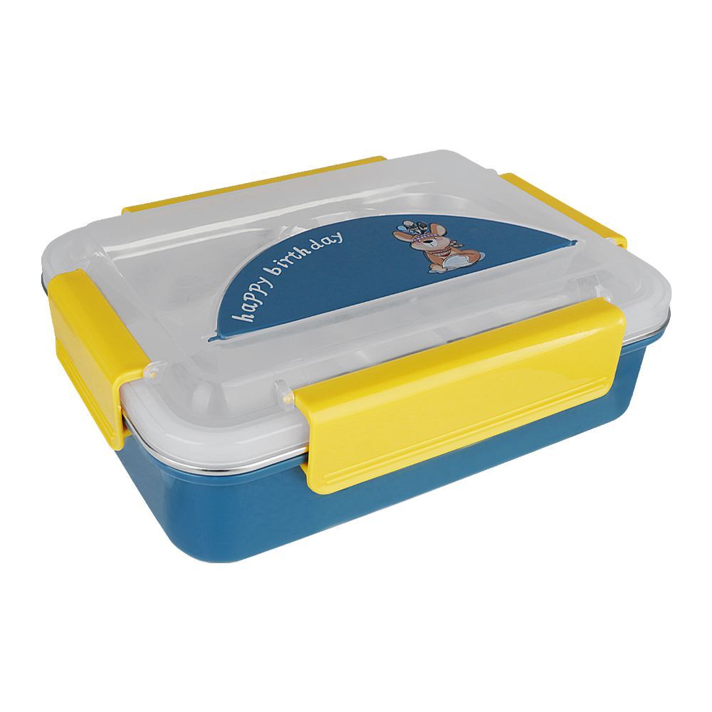 Happy Steel 2 Partitions Lunch Box, 7.9in (H) x 4.9in (W) x 2.4in (D), Blue - Main Image