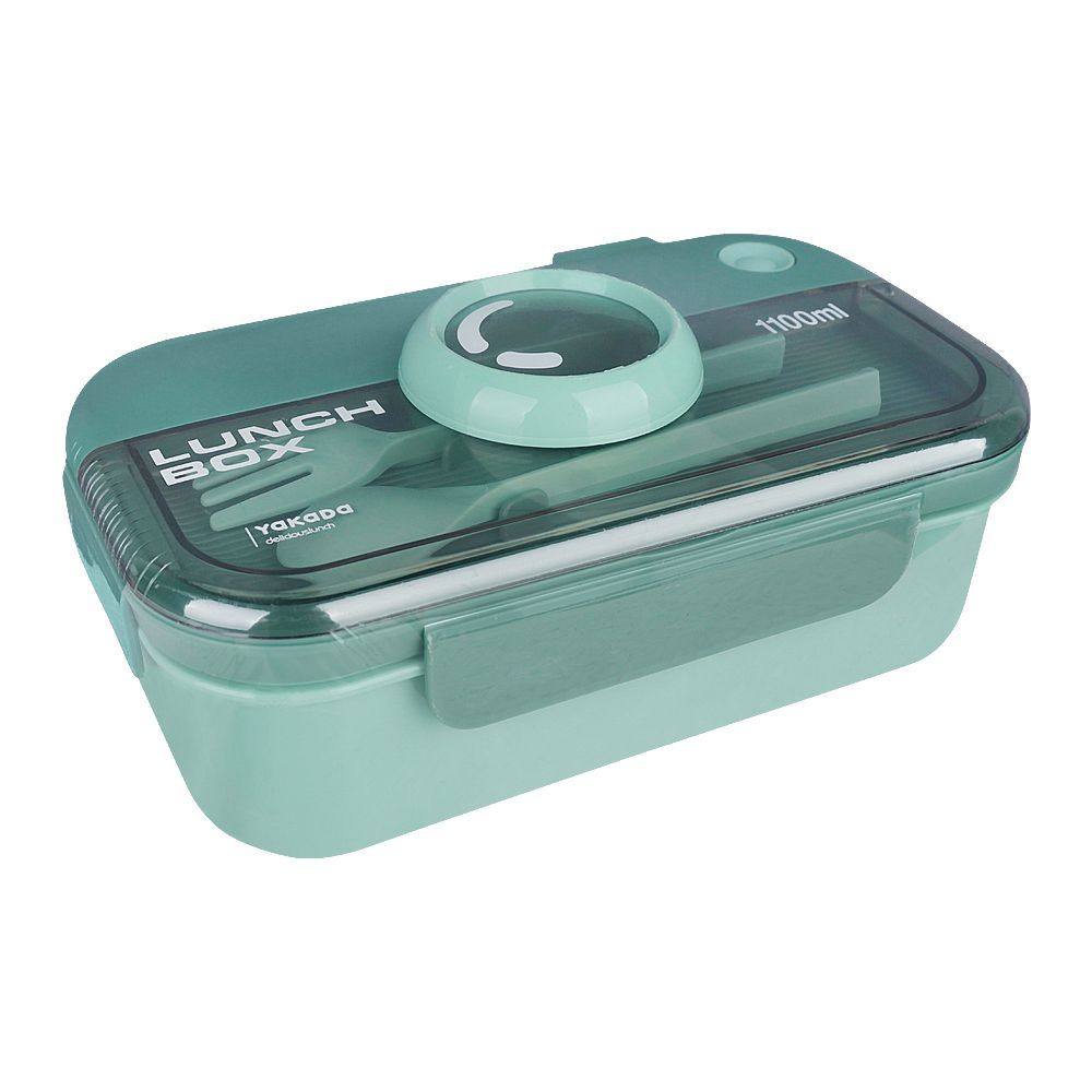 Camera Plastic Lunch Box With Spoon & Fork, 1100ml Capacity, 7.1in (H) x 3.9in (W) x 2in (D), Green - Main Image